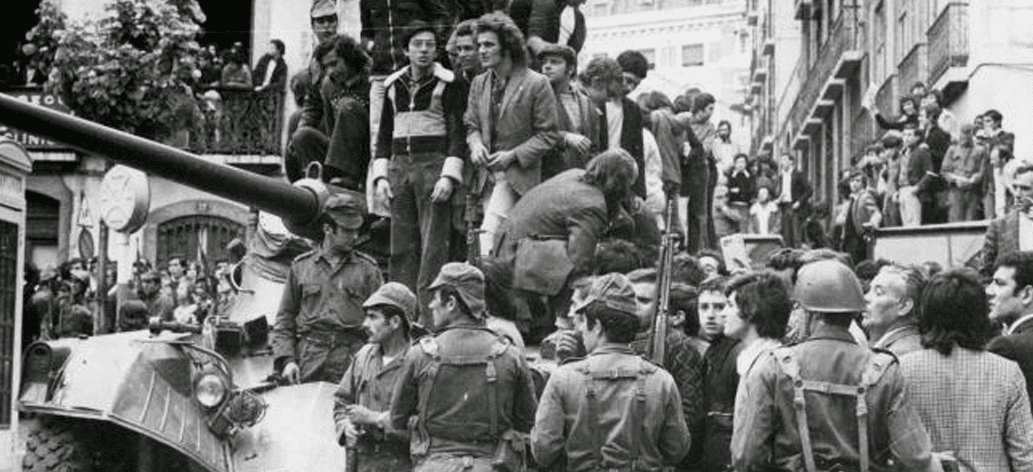 Workers and soldiers united forces during the Portuguese revolution of 1974.